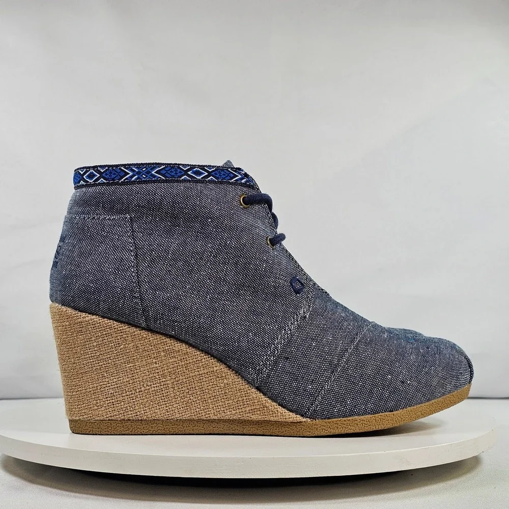 Skechers BOBS Denim Wedge Booties Navy Blue Lace Up Desert Boots 34288 NVY 7
